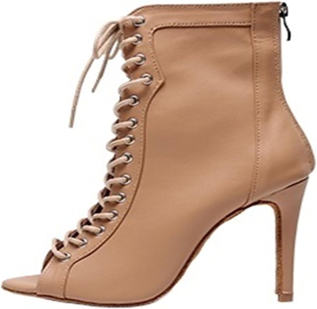 Woman Beige Black Latin Dance Booties Women Open Toe Lace Stiletto Bootie for Girls Suede Sole High Heel Dance Boots Shoes