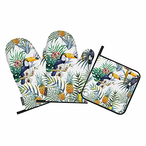 Samgula Bird Toucan Oven Mitts And Pot Holders Sets Tropical Plant Pineapple Parrot Heat Resistant 3Pcs For Cooking Baking Bbq #TOP6