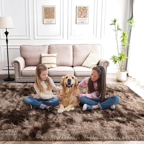 8x10 Shag Area Rug - Fluffy Fuzzy Nursery Kids Girls Room Rug - Soft Plush Furry Bedside Carpet- Tie-Dyed Brown