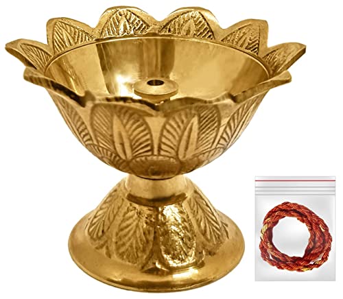 SATVIK 1 Pc Brass Flower Shape Engraved Diya Devdas Design Metal Akhand Dia Festival Diwali Mandir Home Temple Puja Pooja Oil Lamp with Akhand Jyot Red Wicks Indian Housewarming Return Gift Items Bulk