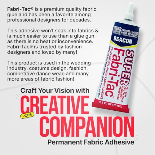 BEACON Super Fabri-Tac - New Industrial Grade Fabric Adhesive - Fast Grab, Quick Drying, Permanent & Crystal Clear - Suitable for Fabrics, Wood, Glass & More, 2.5-Ounce