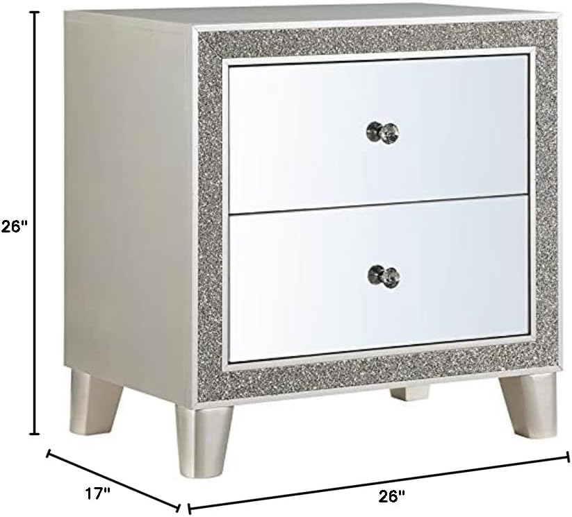 BOWERY HILL Modern Nightstand, Mirrored Drawer Fronts, Champagne Finish, 26" L x 17" W x 26" H, 2 Storage Drawers, Felt-Lined Top Drawer, Self-Close Glide, Glam Style Bedroom Furniture
