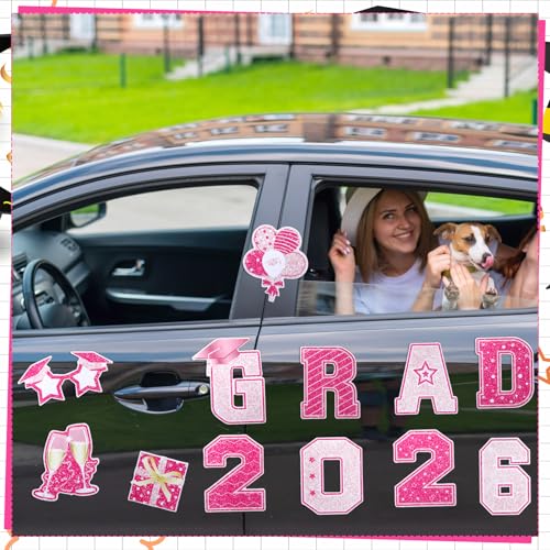 Image of Landhoow 30 Pcs Graduation Car Magnets 2026 Senior Graduation Car Decoration Bumper Sticker Congrats Grad Magnet Magnetic Refrigerator Decal for Grad Parade Party Supplies(Pink, Hot Pink)
