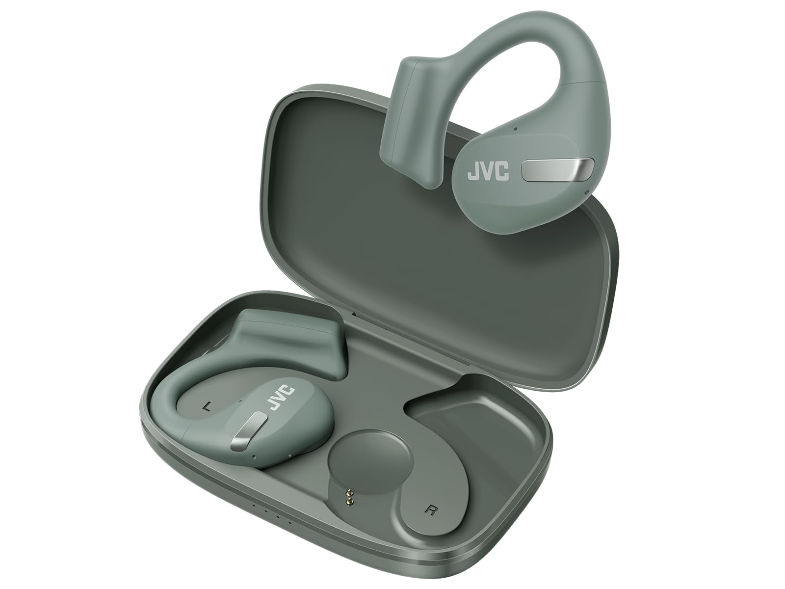 JVC Nearphones HA-NP50T-G True Wireless, Design Oreilles Libres, Ecoutez de la Musique sans Vous Couper du Monde, Légers, ANC pour Les appels, IPX4, 38 h d'autonomie, BT 5.3, Vert Sauge