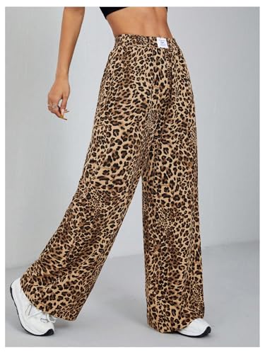 OYOANGLE Women's Leopard Wide Leg Pants Letter Patched Elastic High Waist Cheetah Print Trousers4