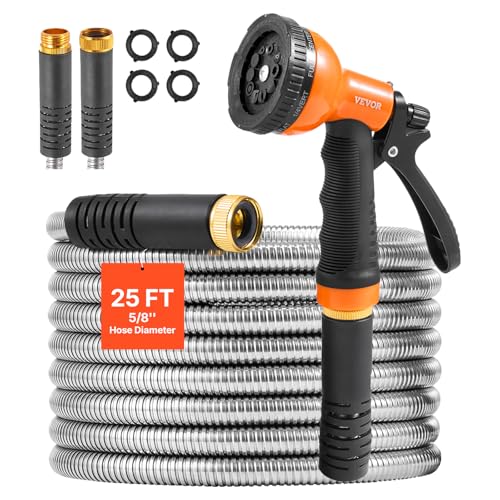 VEVOR Metal Garden Hose 25 ft Rust Proof Stainless Steel Water Hose Heavy Duty Backyard Hose with 10 Function Nozzle No-Kink & Flexible Water Pipe Lightweight Metal Hose for Yard Outdoor