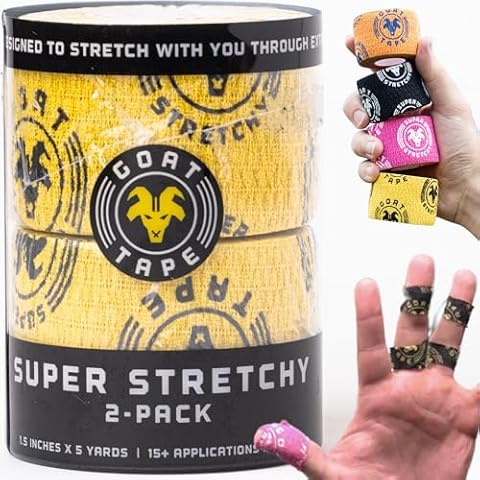 Goat Tape Super Stretchy Thumb Tape - Weightlifting Hook Grip Tape & WOD Tape for Cross Training, Gym Workout Tape, Athletic Finger Wrap - Flexes with Every Move - 15 Feet per Roll (Yellow 2-Pack) Cover