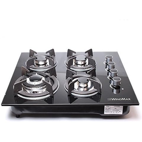 WINDMAX 24" Black Electric Tempered Glass Built-in Kitchen 4 Burner Gas Hob Cooktop Cover