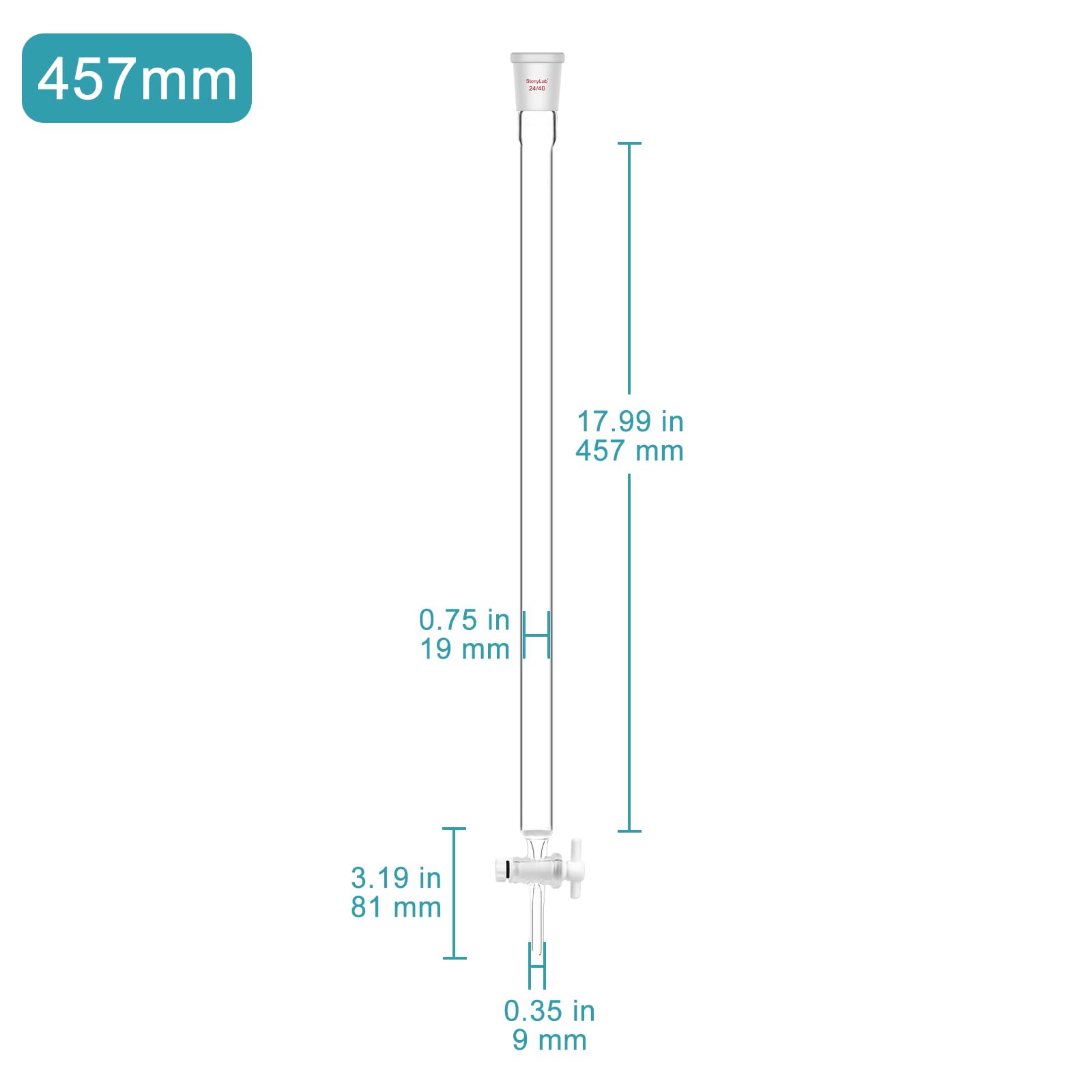 stonylab Colonnes de Chromatographie en Verre Borosilicaté avec Plaque de Sable G2, Diamètre Intérieur de 19 mm, Longueur Utile de 457 mm, Joint 24/40