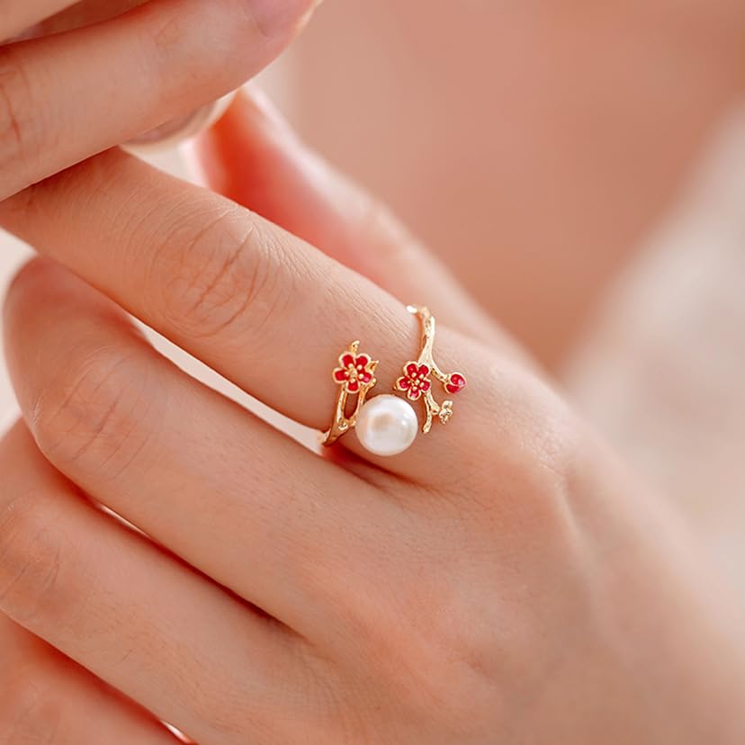 Red Plum Blossom Open Rings For Women Hypoallergenic Statement Adjustable Pearl Flower Wedding Engagement Finger Band Ring Comfort Fit Boho Birthday Valentine Day Jewelry Gifts For Her3