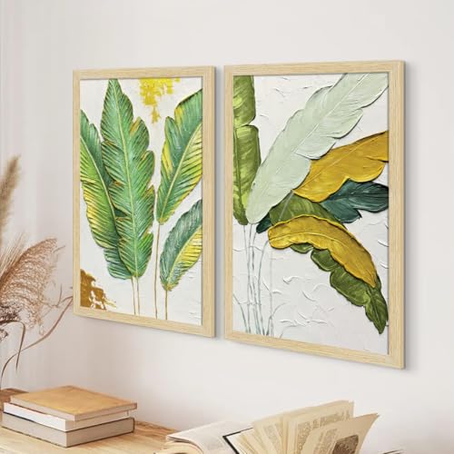 Image of ArtX Paper Leaf Paintings For Living Room, Bedroom, Multicolor, Natural Wood Color Frames, 12.0 x 18.0 inch, Set of 2