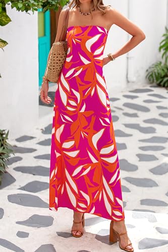 MASCOMODA Summer Boho Floral Maxi Dresses for Women 2025 Strapless Tube Top Dress Smocked Flowy Beach Vacation Long Sundress2