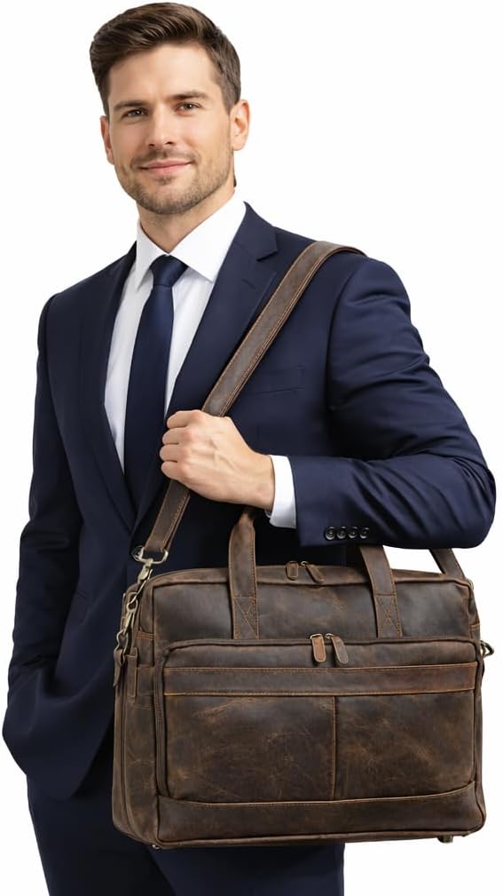 Full Grain Handcrafted 16” Leather Laptop Messenger Bag – Executive Office Briefcase with Thick Wide Shoulder Strap, Detachable Buckle & Spacious Compartments for Travel & Work