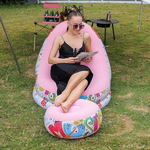 Image of Primechoice Inflatable Lounge Chair with Footrest 2-in-1 Air Sofa for Adults, Folding Portable Lazy Recliner with Pump for Indoor Living Room, Bedroom, Office, Outdoor Camping (Graffiti Pink)