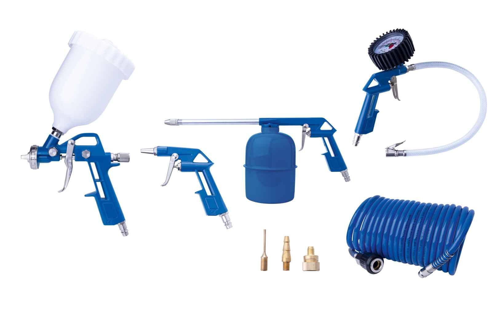 Scheppach Druckluft Zubehör-Set 8-tlg. | für Scheppach Kompressoren | Farbspritzpistole, Reifenfüllmesser, Sprühpistole, Ausblaspistole, Druckluftspriralschlauch - 3 verschiedene Adapter
