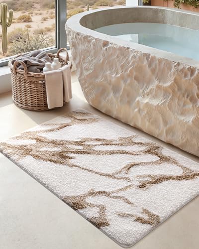DEXI Bathroom Rug Mat 17x30, Soft and Absorbent Marble Bath Mat, Non Slip Machine Washable Bath Rugs for Shower Floor, Tub, Sink, White and Beige
