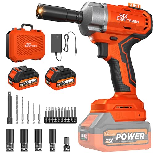 SIX CRAFTSMEN 700N.m Brushless Cordless Impact Wrench, 21V Impact Wrench 1/2 inch, Impact Driver with 2 * 4.0Ah Batteries,2500RPM Variable Speeds for Family Car/Pickup Truck/Mower