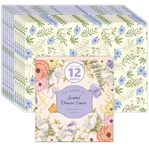 SCENTORINI Linen & Lavender Scented Drawer Liners, Scent Paper Liners for Wardrobe, Bedroom, Closet, Shoe Cupboard 12 Sheets
