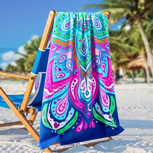 6 Packs Oversized Terry Beach Towel Set 36 x 72 Soft Thin Extra Large Pool Camping Swim Bulk Towels Blanket Clearance Travel Adult Essentials Accessories Must Haves Vacation Striped Flowers Flamingo - Thumbnail 2