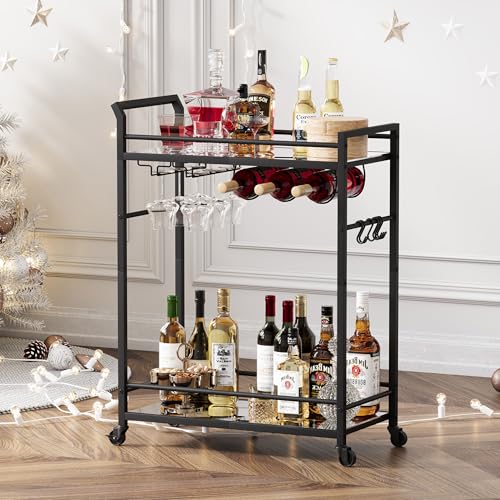 Image of 3 Tier Bar Cart, Small Beverage Cart, Mini Bar Cart with Wine Rack, Home Bar Serving Cart with Wheels for Kitchen Dining Living Room (Black, Mirrored) GBC106BU