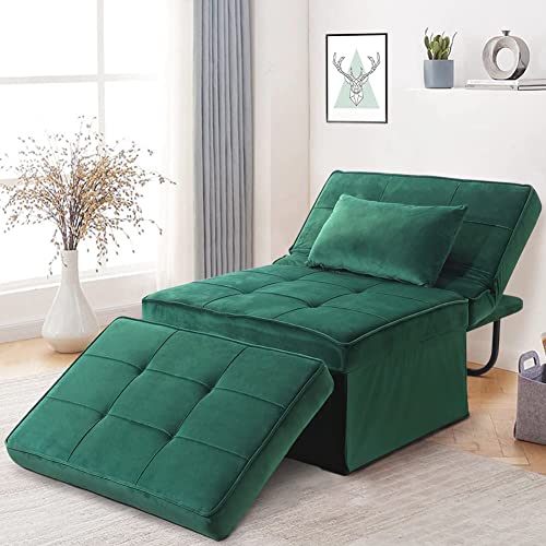 Sofa Bed, Tufted Folding Sofa Bed, 4 in 1 Multi-Function Convertible Sofa Chair Ottoman Sleeper Chair Bed with Adjustable Backrest, Mid-Century Soft Tufted Velvet Guest Bed (Green)