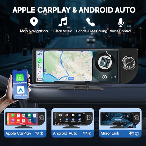 Wireless Carplay Screen for Car - 10.26 Inch Apple Carplay & Android Auto Stereo Portable Carplay Touchscreen with Built-in Clock, 1080P Backup Camera (Single Rear Camera, Black) by Generic - Image 2