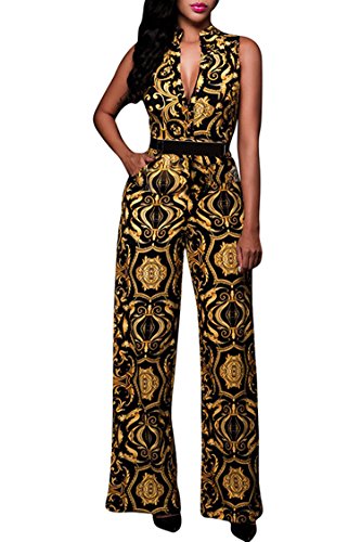 Pink Queen Womens Button Up Printed Long Wide Leg Pant Party Jumpsuits with Belt XL Gold