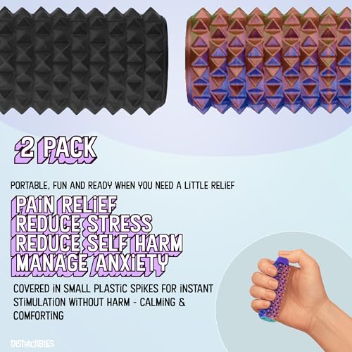 Image of Distractibles Spike Roller Clicker, Tactile Pain Stim Fidget with Clicker Switch, Pain Stimulation Roller with Lanyard (Black + NEON Harmony)