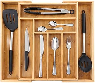 Bamboo Expandable Drawer Organizer for Kitchen, 100% Eco Friendly Adjustable Drawer Divider Holder