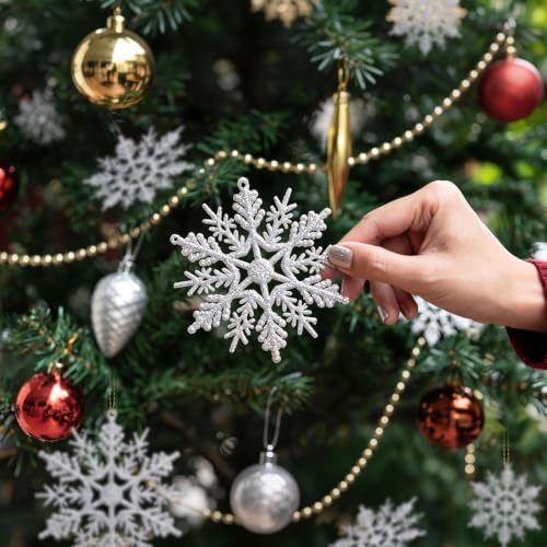 Image of Glitter Christmas Silver Plastic Snowflake Ornaments for Winter Holiday | 60pcs, 4 sizes. Perfect for Christmas tree, birthday party, wedding decor, crafts