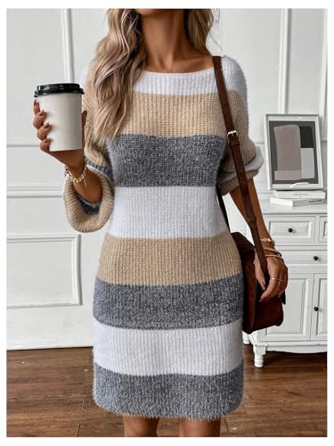 SOLY HUX Sweater Dresses for Women 2025 Long Sleeve Striped Knit Dress Fall Winter Dresses for Women Trendy3
