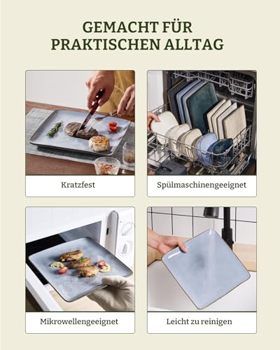 Richmount Steingut Geschirrset 6 Personen, Serie Ocean 18-tlg Quadratishes Geschirr Set, Teller Set Kombiservice Mit Reaktiver Glasur Essgeschirr, Kratzfestes Tafelservice Geschirrsets, Blau