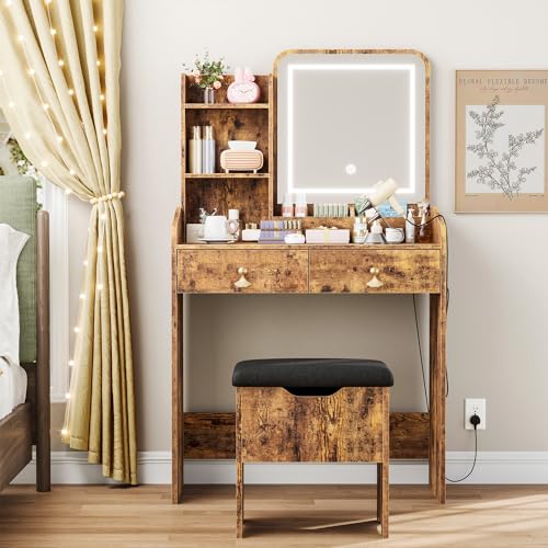 GarveeHome Vanity Desk with LED Light Mirror and Charging Station, Small Makeup Vanity Table Set with Storage Drawers & Chair, 3 Lighting Modes & Adjustable Brightness, Dressing Table for Wo