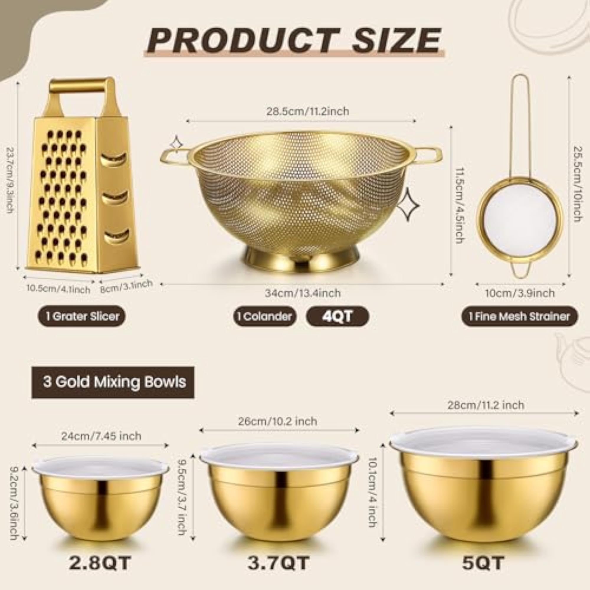 6 Pcs Gold Kitchen Accessories Set with Mixing Bowls and Grater