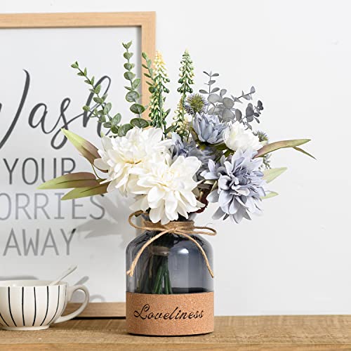 Meglorya Fake Flowers Blue White Hydrangea Artificial Flowers With Vase, Farmhouse Table Centerpiece, Faux Silk Flowers Arrangement In Vase, Rustic Home Dining Table Decor, Boho Flower Decor #TOP1