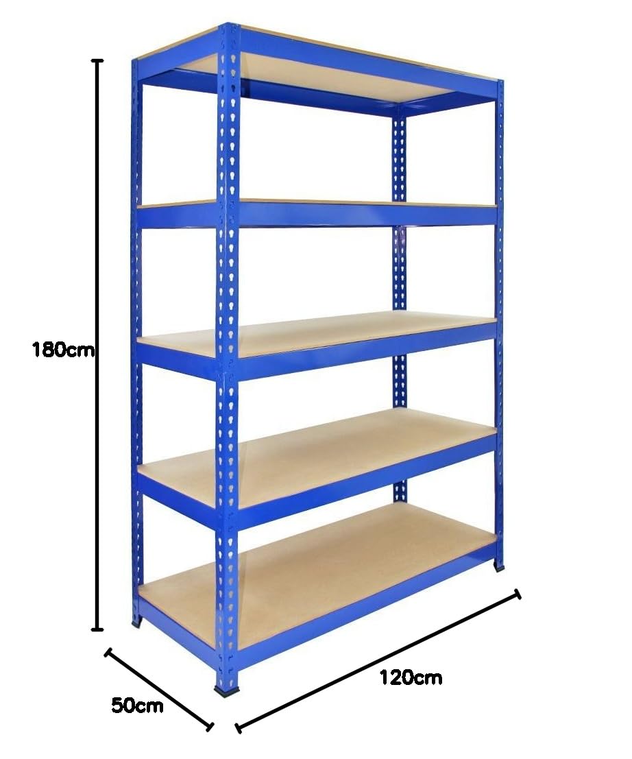 3 Estanterías Metálicas Azules Q-Rax sin Tornillos 120x50x183cm de 5 Estantes Baldas Repisas Capacidad Peso 200kg por Estante Almacenamiento Almacenaje Herramientas Taller Garaje Cobertizo Almacén