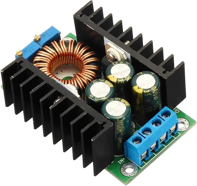 QBM DC-DC Step Down Power Supply Module, 300W 10A Constant Voltage Converter with Heat Sink, Blue Terminal Block, Copper Coil, 65x47x23.5mm