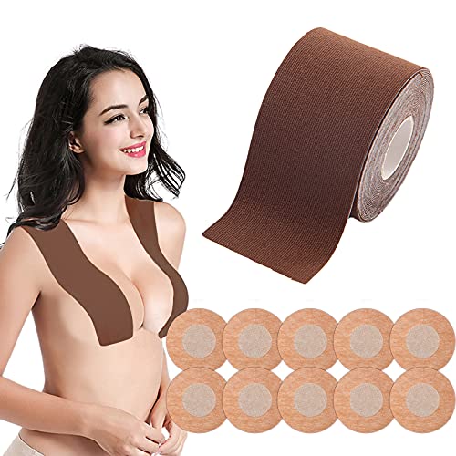 Boob Lift Tape, Breathable Breast Lift Tape and 5 Pairs Nipple Cover Set, Push up Tape Breast Tape Lifting Large Breast Great Solution for Your Top, Backless Outfit, Swimsuit and More, Waterproof