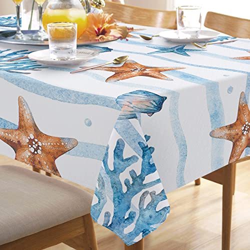 Tailus Summer Sea Starfish Conch Coral Rectangle Tablecloth 60 X 84 Inch, Coastal Ocean Wave Stripes Decorative Table Cloth Nautical Dining Table Cover, Seasonal Beach Dinner Party Picnic Decoration #TOP4