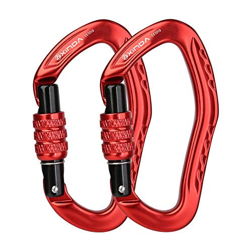 climbing d ring - XINDA 22KN Screwgate Climbing Carabiner Clip, Heavy Duty Offset D-Ring Locking Carabiner Large, CE UIAA Certified Carabiner Hooks for Climbing Hammock (2 pcs Red)