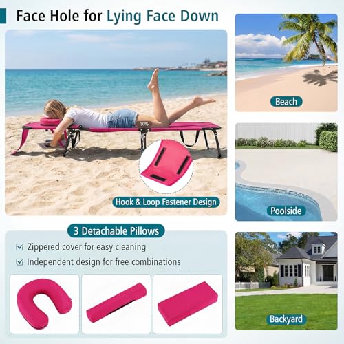 Goplus Tanning Chair, Folding Beach Lounge Chair with Face Hole, Removable Pillow, Carry Strap, Position Adjustable, Sunbathing Chair, Portable Outside Lounge Chair for Patio Pool by Goplus - Used condition - Image 3