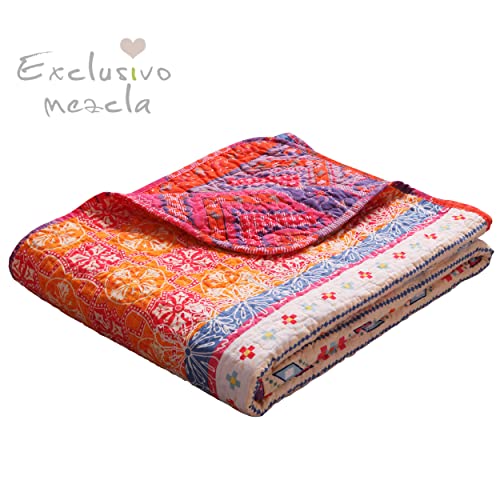 Exclusivo Mezcla Cotton Boho Stripe Quilted Throw Blanket, Reversible Colorful Printed Paisley Quilt Blanket, 50X60 Inch, Machine Washable And Dryable, Pink #TOP1