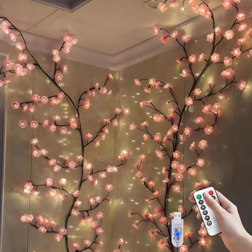 Cherry LED Tree Branch Lights for Wall, Cherry Blossom Willow Vine Twig Decor Garland with 48 LED Lights and Remote,8 Lighting Modes,Christmas Decorations Indoor for Home Wall Door Window (47inch)
