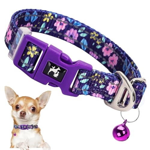Floral Reflective Dog Collar with Bell -XSmall Puppy Collars for Puppia Pet Cat Girl Kitten Small Breeds, Cute Adjustable Nylon Collar for Yorkie Chih