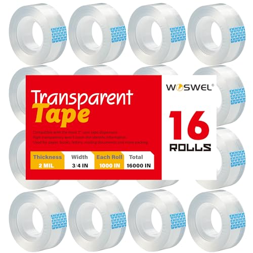 WOSWEL Transparent Tape Refills Bulk, 16 Rolls Clear Tapes, 3/4 Inch X 1000 Inch, Transparent Glossy Tape for Home School Office Supplies