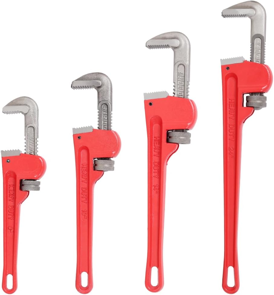 Heavy Duty Pipe Wrench Set, 8-24 Inch, 8&10&14&24-inch, 4-Piece Adjustable Plumbing Tools, Steel Construction, Red