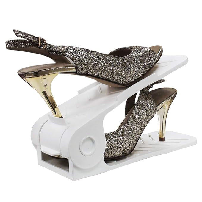 Adjustable Shoe Organizers- White (Pack of 6) | Double Deck Storage Cum Organizer Racks for Efficient Shoe Organization & Space Saving