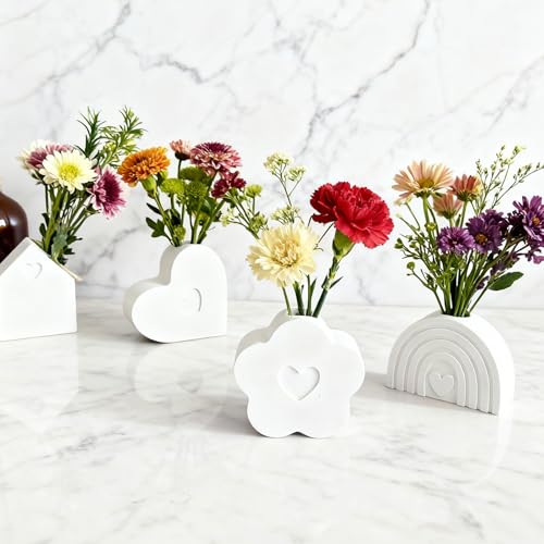 4 Stück Silikonformen Gießformen, Blumen Silikonformen, Herz Gipsformen, Haus Regenbogen Gießform Kerzenhalter, Vases Silikon Gießformen für Vasen Gips Harz Wachs DIY Gießpulver Formen kreative Deko