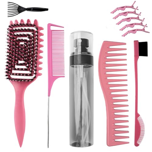 7 Stück Haarbürste Locken-Haarbürste Set mit Locken-Styling Lockenbürste für Welliges Lockiges Haar, Haarsprühflasche, Toupetbürste, Massagebürste, Doppelbürste und Haarspangen (pink)