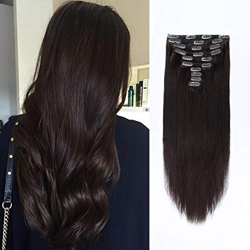 SixStarHair 22inch Hot Dark Brown Clip In Hair Extensions 220g Hair to Add Volume Black Brown Hair Extensions Grade 9A Natural Human Hair 10 Pieces of Double Wefts with 20 Clips